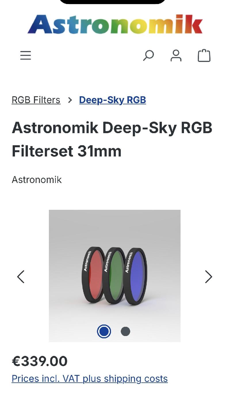 Set filtres Astronomik deep sky RGB 31mm