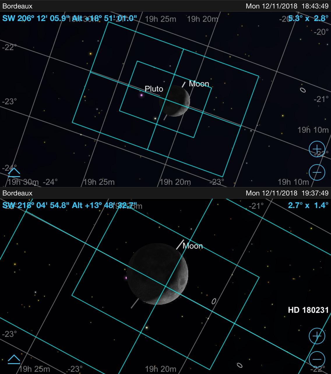 occultation de Pluton par la Lune du 12 nov 18 : cadrages Bordeaux