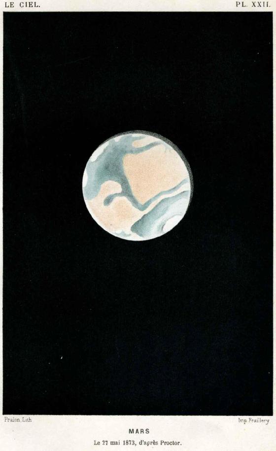 litho 1877 Mars observation du 27 mai 1873