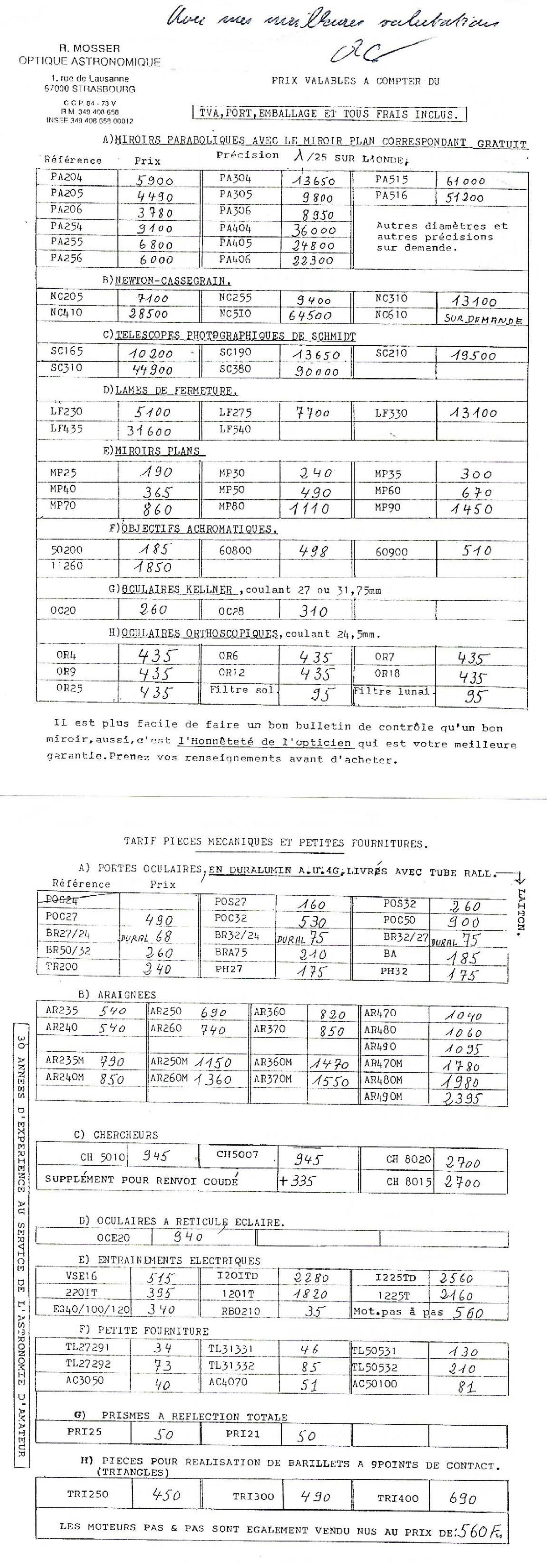 Tarifs Roger Mosser années 90 Tarifs Roger Mosser années 90