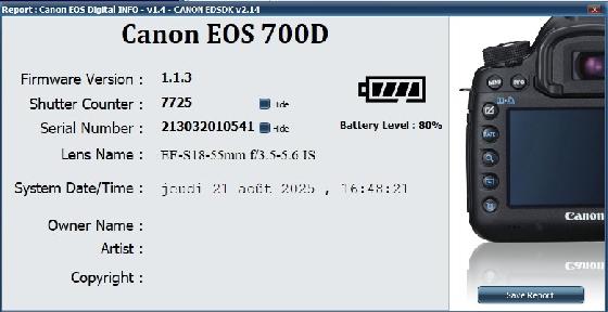 APN Canon 700 D défiltré partiel