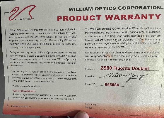 Lunette William Optics doublet Fluorite 80mm
