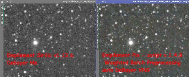 Comparaison empilement APN debayer Ha Sirlic Pix script 