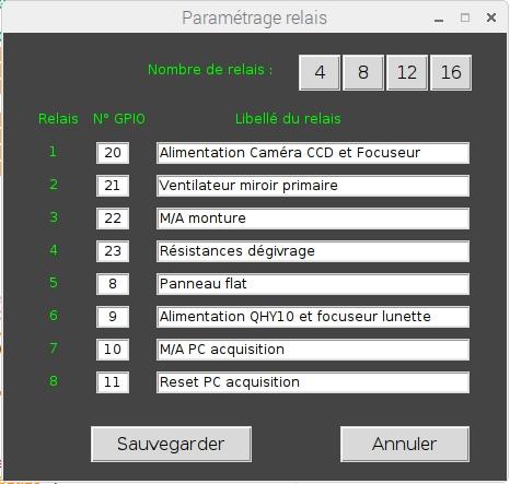 Ecran de paramétrage soft carte relais