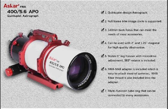 ASKAR FRA400 72 mm Aperture f/5.6 Quintuplet Flatfield APO Astrograph + réducteur *0.7
