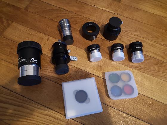 ADC ZWO, Oculaires 30/20/10 mm, Barlow Celestron x2, filtres colorés ou lunaire, adaptateurs 2" -> 1.25"