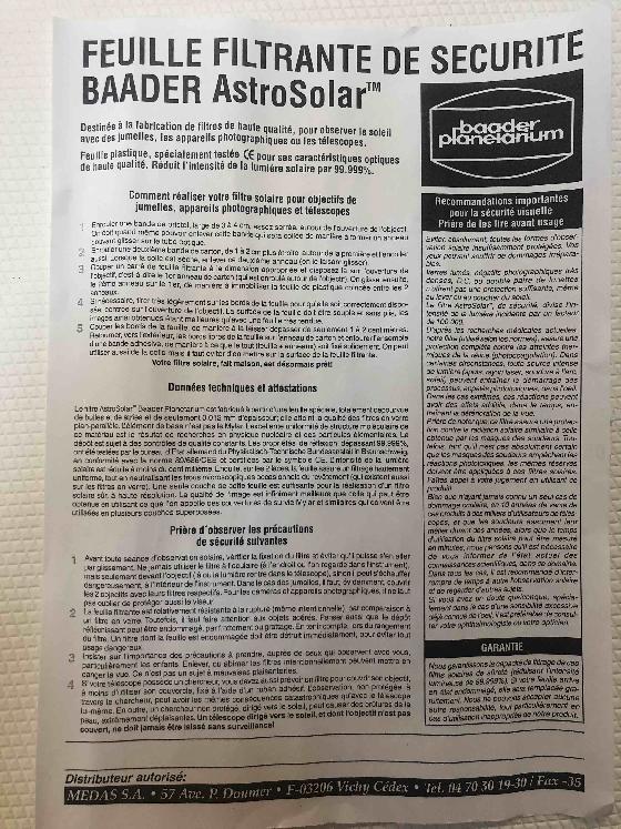 Feuille filtrante de sécurité Baader AstroSolar - qualité observation - 99,999% - 50cmx1m