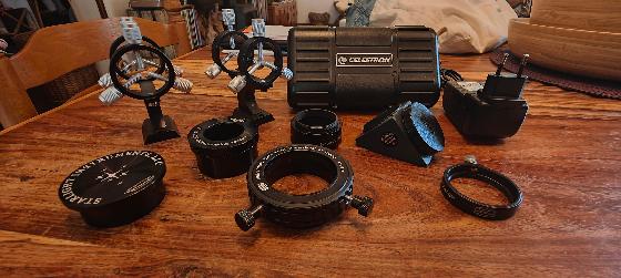 Divers accessoires : t2 Prisme Baader, bagues divers, batterie Celestron...