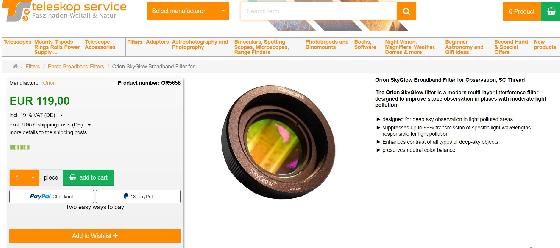 Filtre SkyGlow Orion Etat neuf