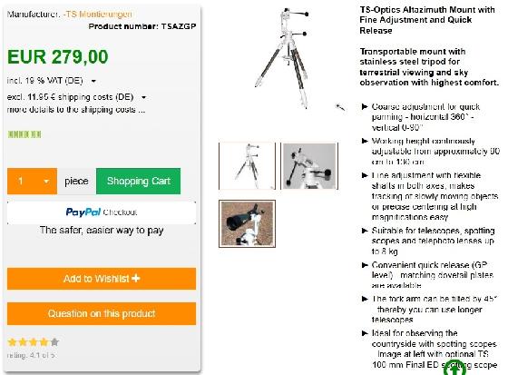 Monture et trépied TS-Optics TSAZGP Alt-Az
