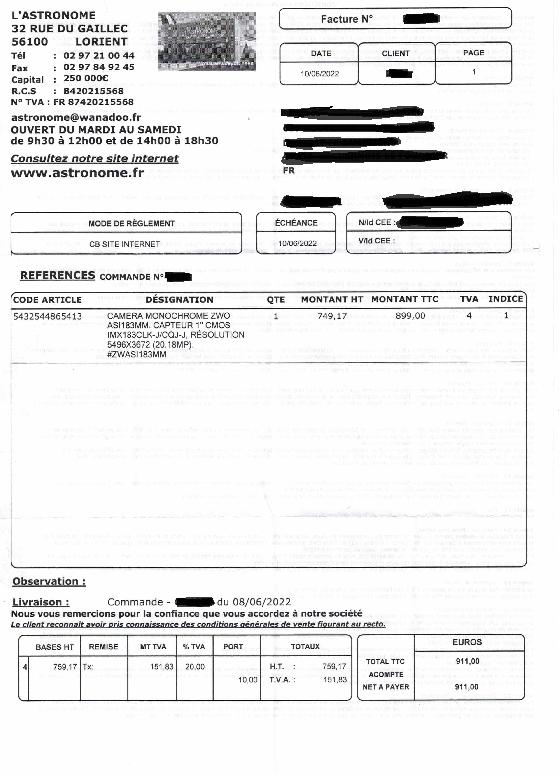 Vend caméra ASI ZWO 183mm comme neuve.Age 3 mois