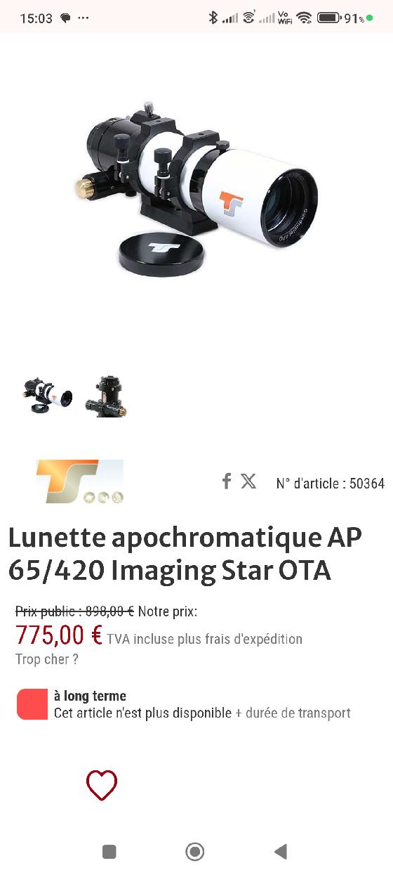 Quadruplet apochromatique TS optics 65/420