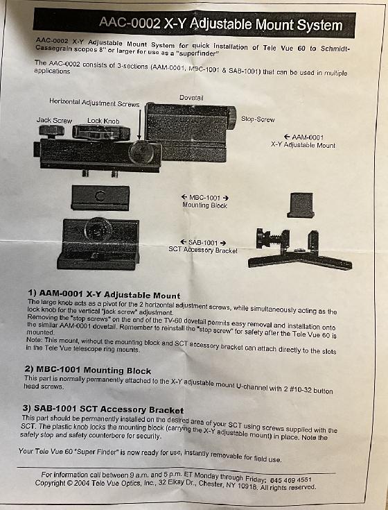 Support TeleVue X-Y pour attacher TV-60 à Schmidt-Cassegrains