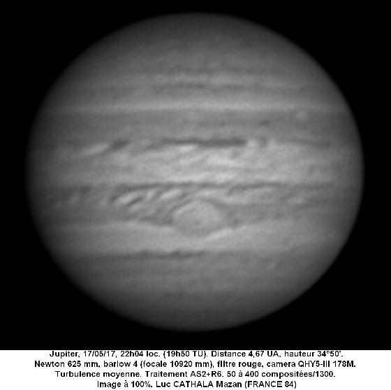 Jupiter 17/05/17 625mm 11m de focale filtre rouge Luc CATHALA