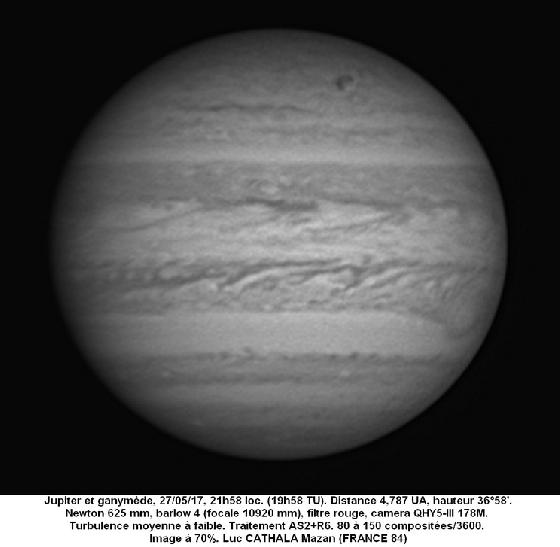 Jupiter et Ganymède 27/05/17 625mm 11m de focale filtre rouge 70% Luc CATHALA