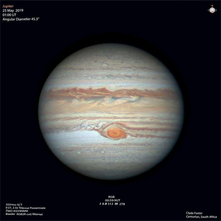 Jupiter et sa Grande Tache rouge le 23 mai 2019. Â© Clyde Forster