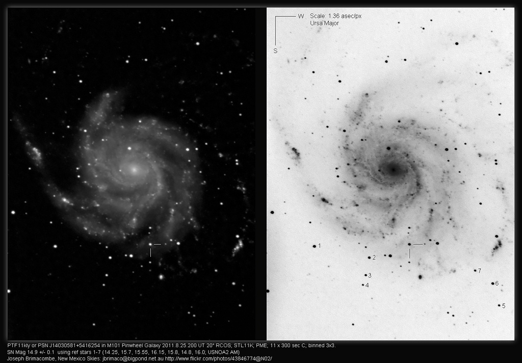 Supernova SN 2011FE = PTF11kly or PSN J14030581+5416254 in M101 Narrowfield C - Aug 25, 2011. Rapidly Brightening!