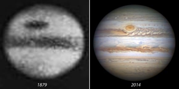 At left, Photograph of Jupiter's enormous Great Red Spot in 1879 from Agnes Clerk's Book " A History of Astronomy in the 19th Century".