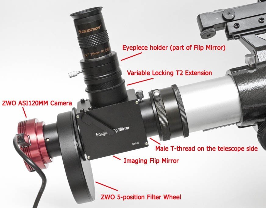 ZWO 5-position Filter Wheel with 1.25" Eyepiece Holder & Brass Compression  Ring