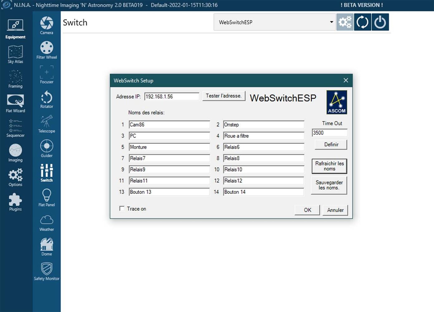 Fenêtre driver ASCOM.